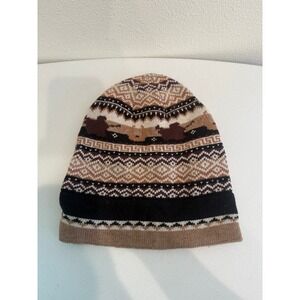 True Religion Fair Isle Knit Beanie Brown Tan Black Lambswool Cashmere Blend Hat